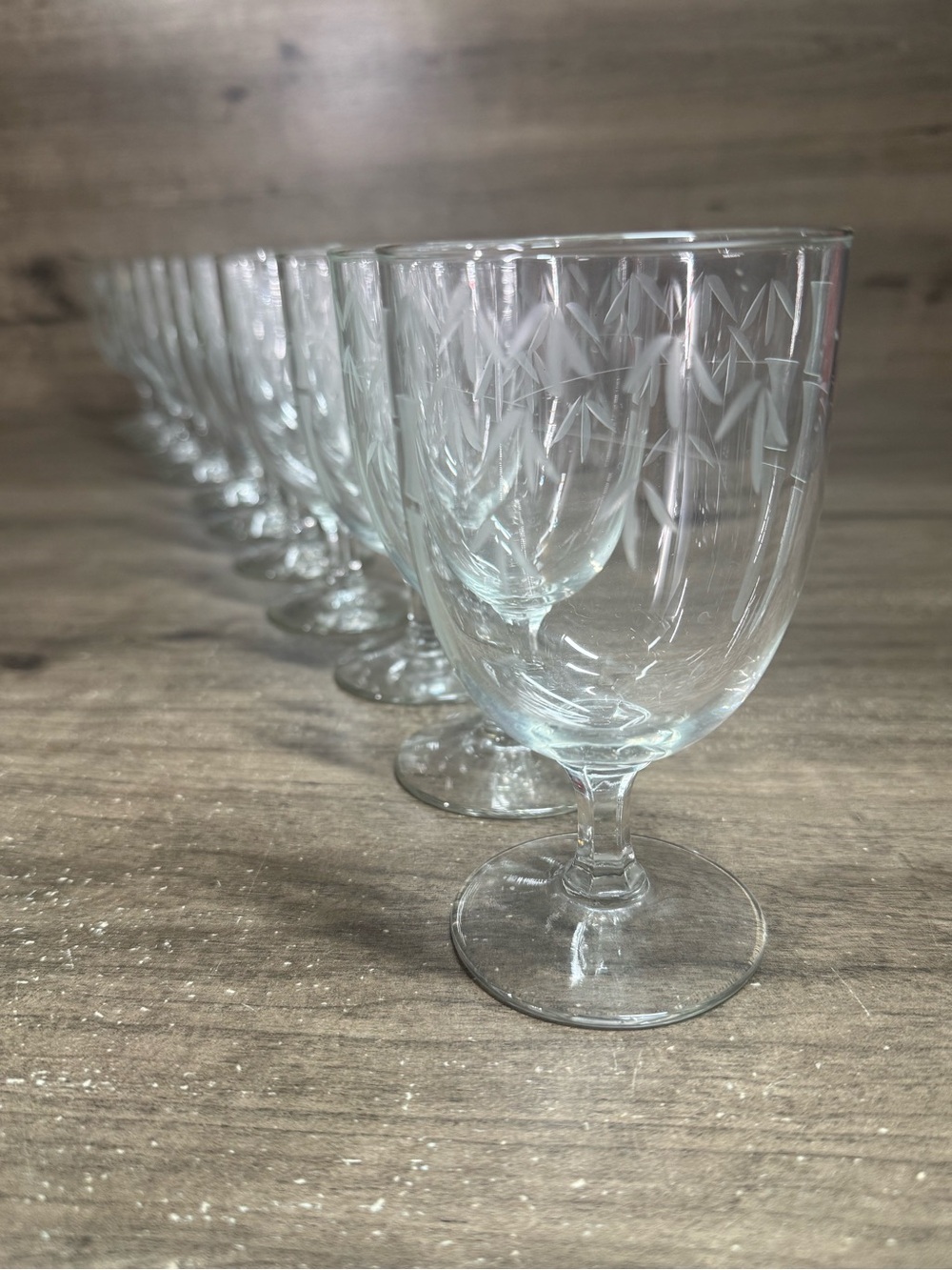 (8) Vintage Noritake Sasaki Bamboo Etched Glassware Wine Water Goblets Set of 8